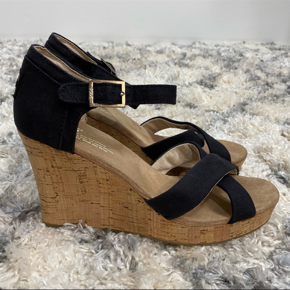 Toms Black Canvas Cork Wedge Sandals